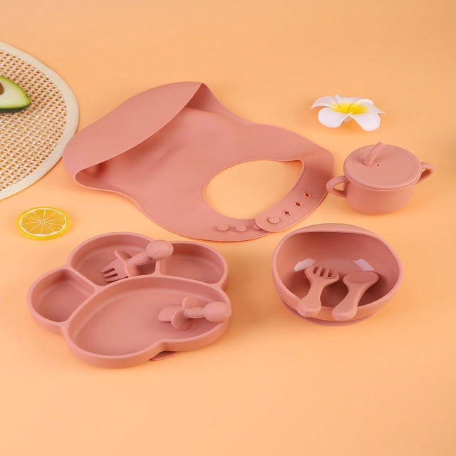 DEBGFS 1 Set/8pcs Baby Feeding Set Includes Suction Bowl & Plate Baby Spoon & Fork Sippy Cup With Lid | Baby Feeding Supplies