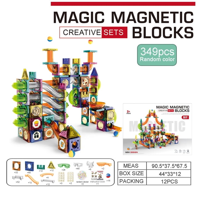 Slide Ball Magnetic Piece Building Blocks by SinKeeU, a set of 349 PP plastic magnetic blocks for children aged 4-6. Includes colorful shapes like triangles, squares, and slides for DIY cognitive play. Packaged in a vibrant color box.