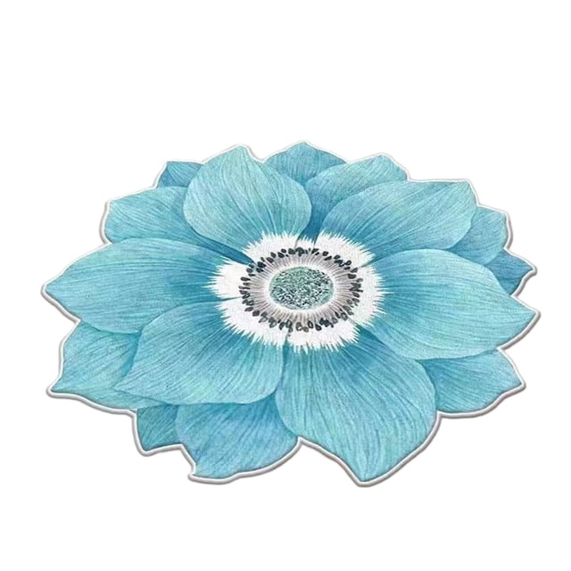 Rbaofujie Room Rug Plain Flower Shape Easy Care Living Room Carpet Large Area Washable Bedroom Carpet. A light blue flower-shaped rug made of polyester with intricate petal detailing and a textured center. Ideal for kids' decor, living rooms, or bedrooms, it features an anti-slip backing for safety and is washable for easy maintenance.