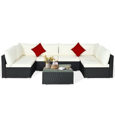 Patiojoy Ensemble de Mobilier de Patio Sectionnel en Rotin PE 7 Pcs Ensemble de Conversation en Osier Beige