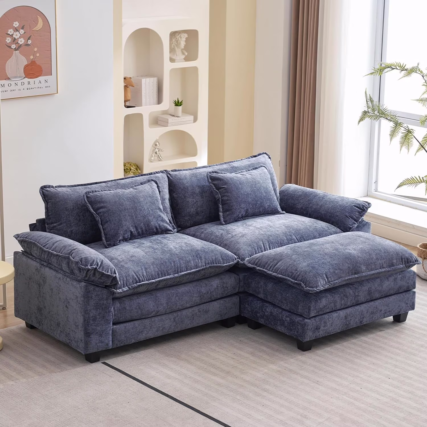 IPKIG Sectional Sofa Comfy Cloud Couch for Living Room with Pillows, Modern Chenille Sofa Sleeper Deep Couches with Two Ottoman (Green, 4-Seat)