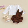thumbnail image 2 of Baby 2PCS Spring Romper Suit  Long Sleeve Plain Ribbed Crew Tops+ Buckle Shoulder Straps Snap Triangle Suspender Romper, 2 of 7