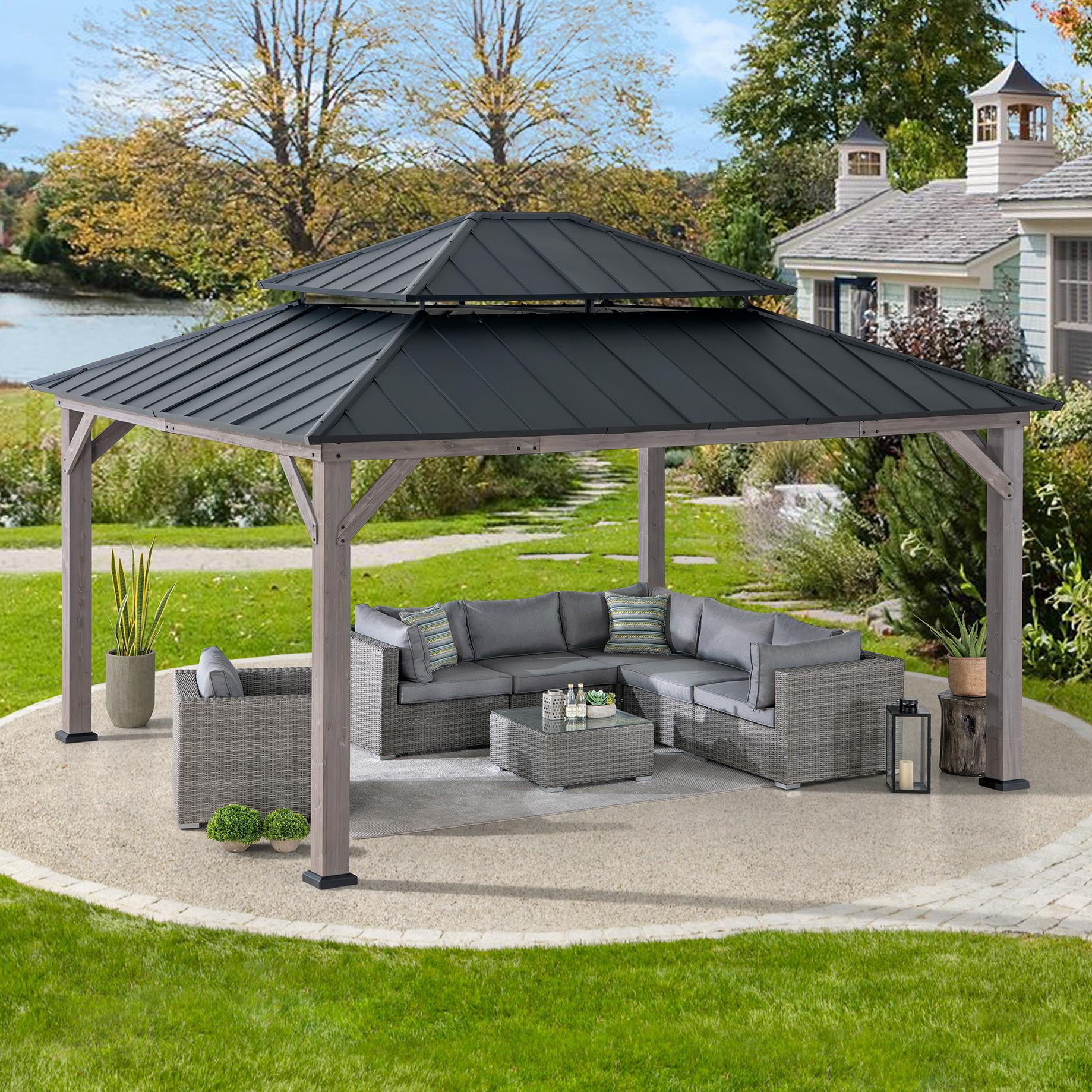 Sunjoy Gazebo à ossature en cèdre de 13 pi x 15 pi avec toit en arêtier à 2 niveaux en acier noir