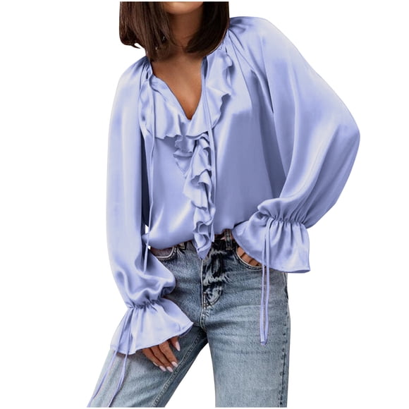 Lenpel Satin Blouses for Women Bell Long Sleeve V Neck Tie Front Ruffle Business Casual Work Tops Elegant Office Shirts