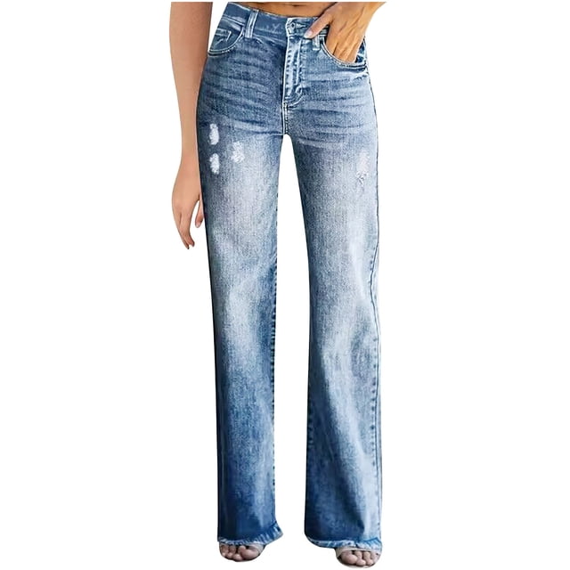 Bigersell Tall Jeans for Women Boot Cut Jeans Summer Woman Jeans Trouser Denim Pants Button Closure Light Wash Ripped Loose Jeans Female Loose Mid Waist Ankle Length Pants Style J-39 Light Blue L