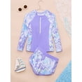 thumbnail image 3 of Jizyo Kids Girls 2Pcs Rash Guard Long Sleeve Zipper Wave Striped Printed Swim Top with Shorts Bathing Suit Lavender 8Y, 3 of 7
