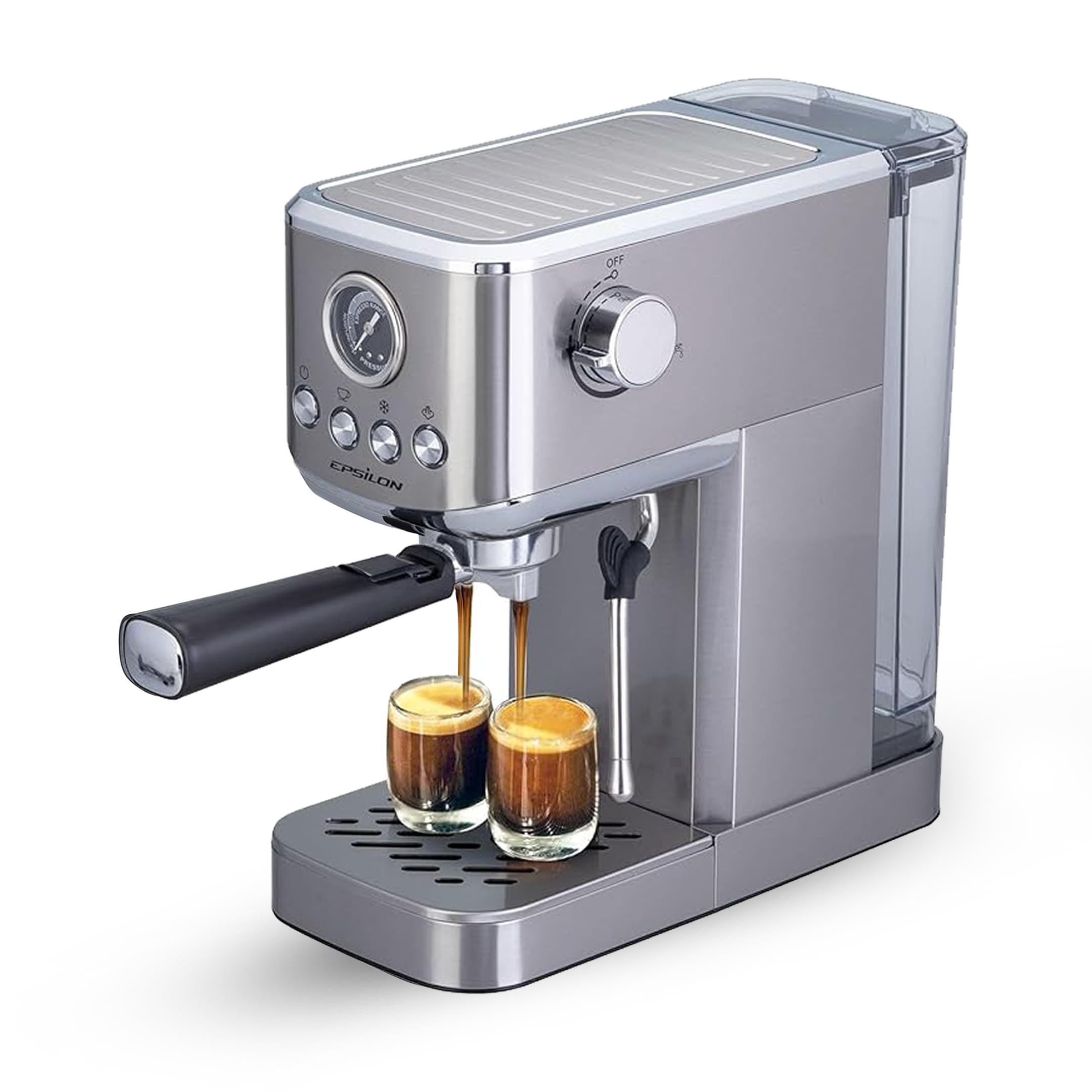 Epsilon Coffee Machine with Milk Frother, Compact 20-Bar Espresso Maker, Hot and Iced Coffee Maker with Removable Water Tank, Cold Brew Feature, and