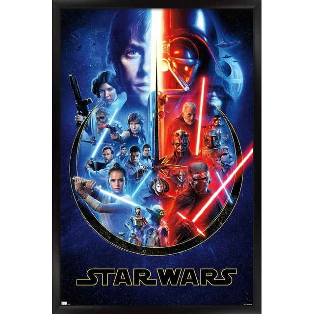 Star Wars - Skywalker Saga Wall Poster, 22.375" x 34", features a split blue and red design with iconic characters wielding lightsabers, droids including R2-D2 and C-3PO, and starships within a circular emblem on a starry space background, printed on glossy poster paper.