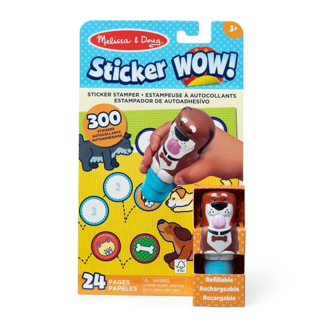 Melissa & Doug Sticker WOW! 24-page dog-themed activity pad with refillable Cocoa the Dog sticker stamper and 300 easy-to-remove stickers, featuring counting, matching, and search-and-find activities for creative, mess-free arts and crafts play.