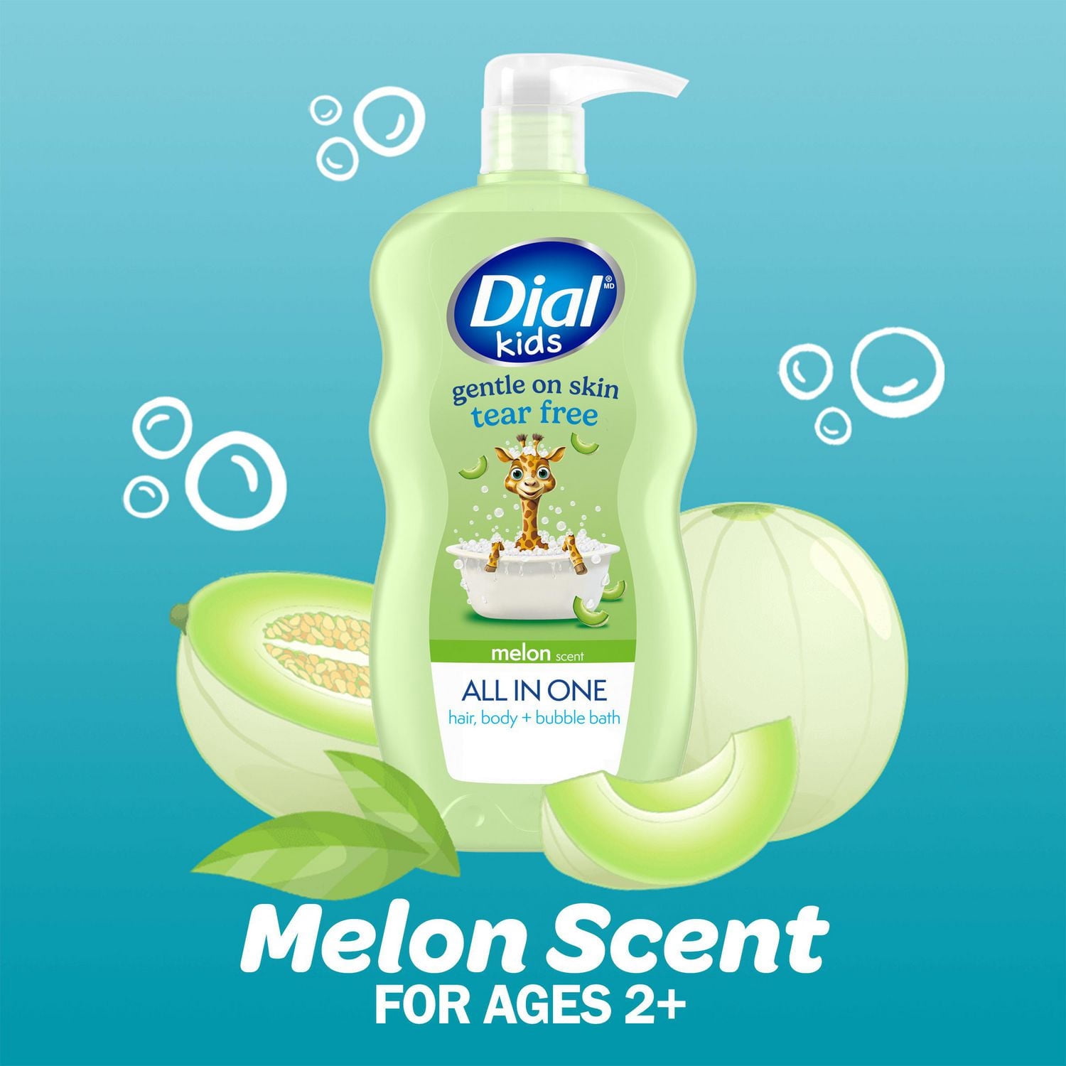 Nettoyant pour les cheveux et le corps et bain moussant tout-en-un Dial Kids, parfum de melon, 709 ml, hypoallergène, sans larmes, testé par des dermatologues, sans silicones, parabènes ni phtalates