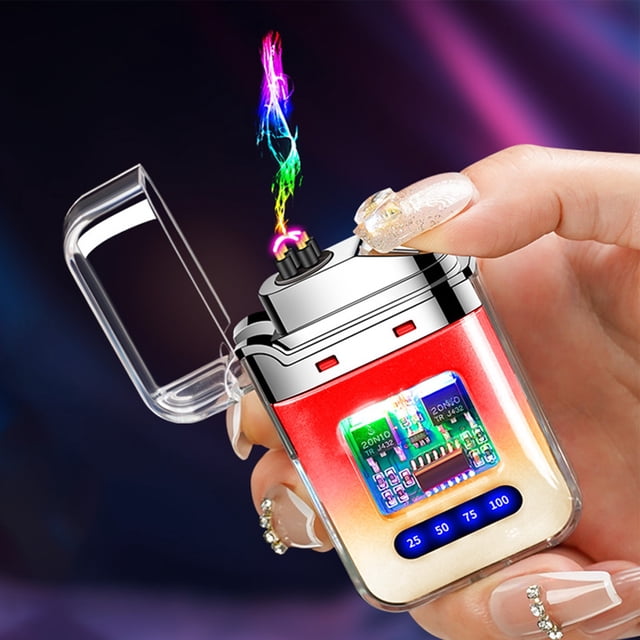 Big Savings! Creative Gradient Color Lighter, Outdoor Windproof Lighter with Double Arcs, Cool Transparent Lighter for BBQ, Camping, and Fire Starting