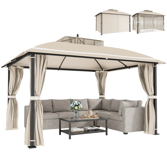 Outsunny 10' x 12' Outdoor Gazebo, Double Roof with Netting and Curtains