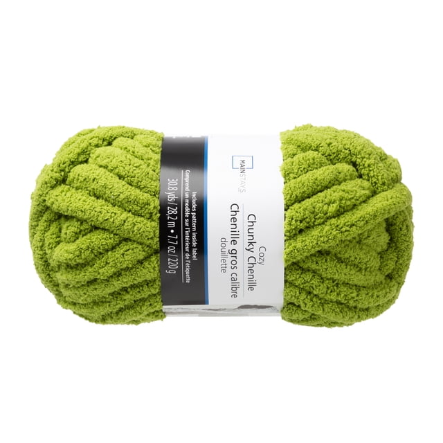 MS Chunky Chartreuse Polyester Yarn showing a skein of thick chenille-style yarn in chartreuse green with a Mainstays label indicating 30.8 yards (28.2 m) and 7.7 oz (220 g), suitable for knitting chunky blankets, pillows, and scarves with included patterns and recommended gauge 7 needles.