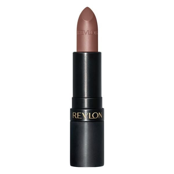 Revlon Super Lustrous™ Matte Lipstick in nude brown, featuring an embossed bullet in a matte black tube with gold accents, delivering a hydrating, velvety matte finish ideal for smooth, comfortable lip colour.