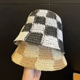 thumbnail image 3 of LinYooLi Chapeau Seau en Paille pour Femmes Chapeau de Pêcheur en Crochet Patchwork à Carreaux Protection Solaire Extérieur Chapeau Seau Creux pour Dames, 3 of 8