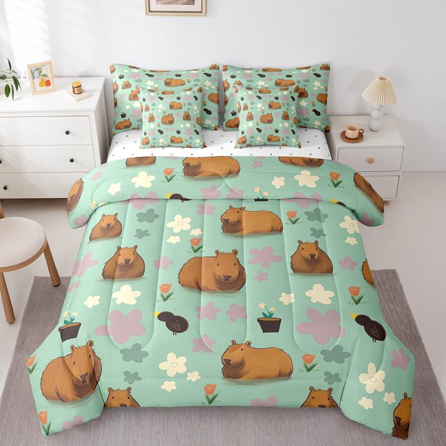 YST Ensemble Douillette 7 Pcs pour Enfants Capybara, Fleurs Colorées, Lit en Sac Format Simple (1 Douillette, 1 Drap Plat, 1 Drap-Housse, 2 Taies d'Oreiller, 2 Housses de Coussin Décoratif)