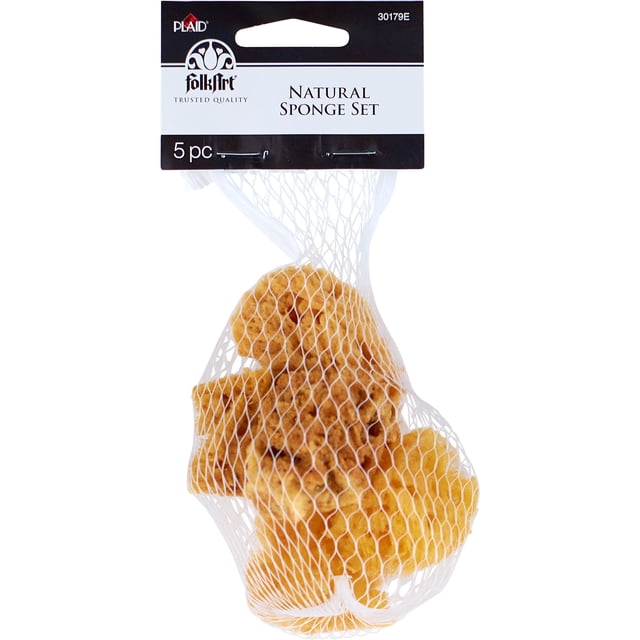 FolkArt Painting Tools Sponge Value Pack includes 5 natural bleached sea sponges about 1 inch each, ideal for adding texture to wood, canvas, and paper in art painting projects, packaged in a white mesh bag with a branded header card.