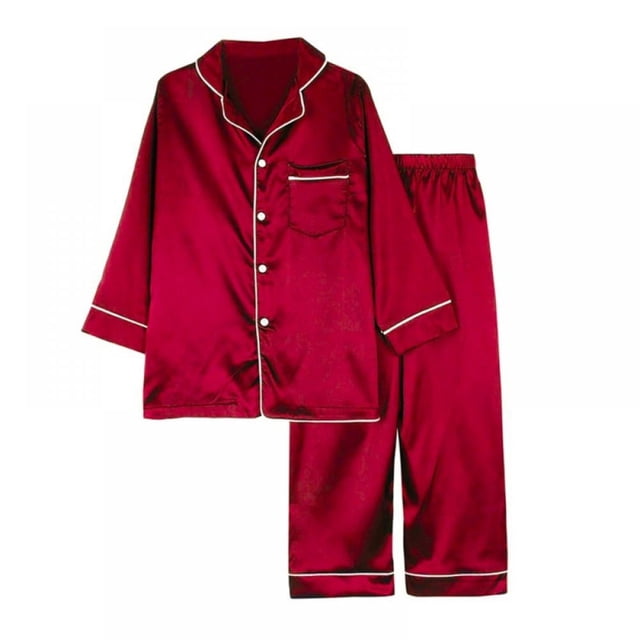Kids Satin Pajamas Set PJS Long Sleeve Button-Down Sleepwear Loungewear
