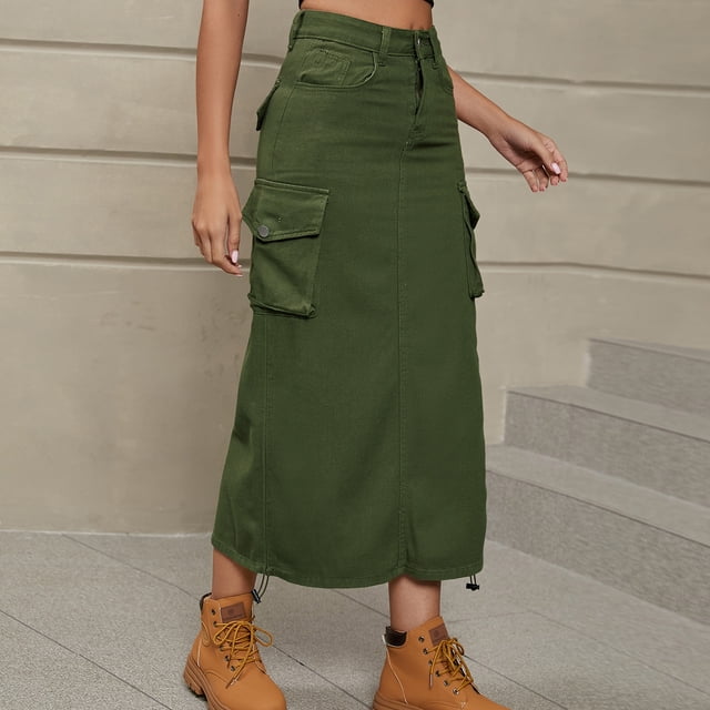 EGNMCR Robes de Fête pour Femmes Robe de Travail de Printemps et d'Été pour Femmes Jupe à Poches Jupe Décontractée Mi-Longue