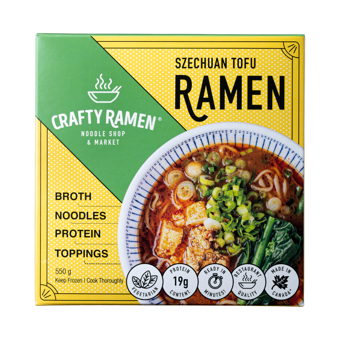 Szechuan Tofu Ramen, Restaurant-Quality Frozen Ramen - 550g, 19g Protein per serving. Includes: broth, noodles, protein, toppings. Ready in minutes.