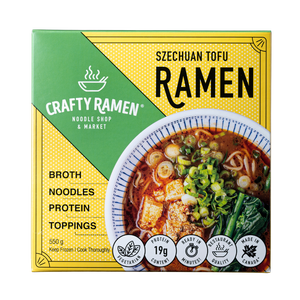 Szechuan Tofu Ramen, Restaurant-Quality Frozen Ramen - 550g, 19g Protein per serving. Includes: broth, noodles, protein, toppings. Ready in minutes.