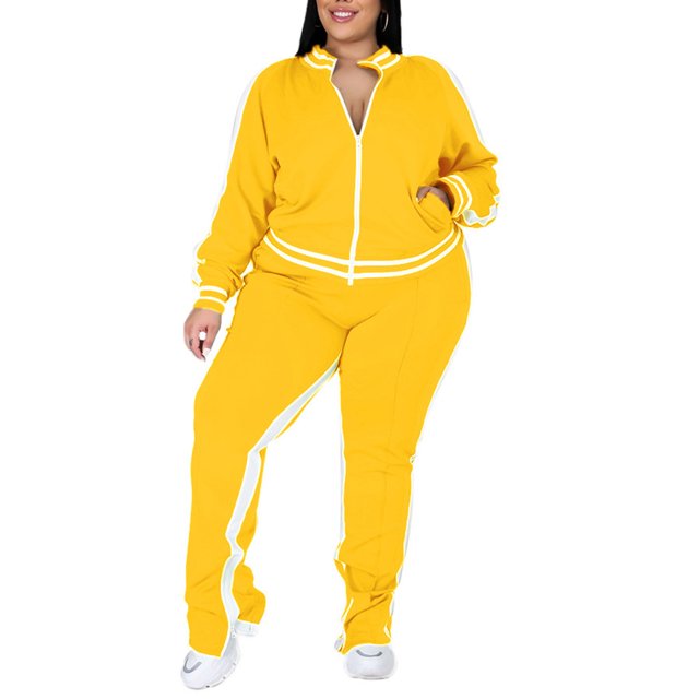 MAWCLOS Women Plus Size Slim Leg Sweatsuits Running Long Sleeve Jacket+Sweatpants Yellow L