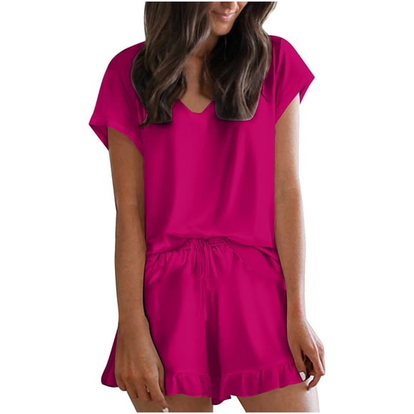 Women's Pajama Sets Satin Ruffle Camisole 2 Piece Pjs Sets Sleepwear Hot Pink L