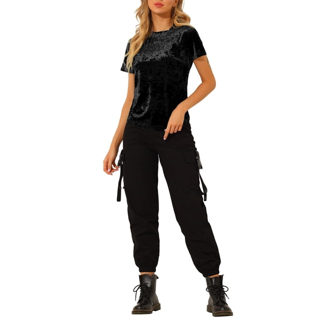 INSPIRE CHIC T-Shirt Décontracté en Velours Noir à Manches Courtes et Col Rond pour Femme, Taille g.