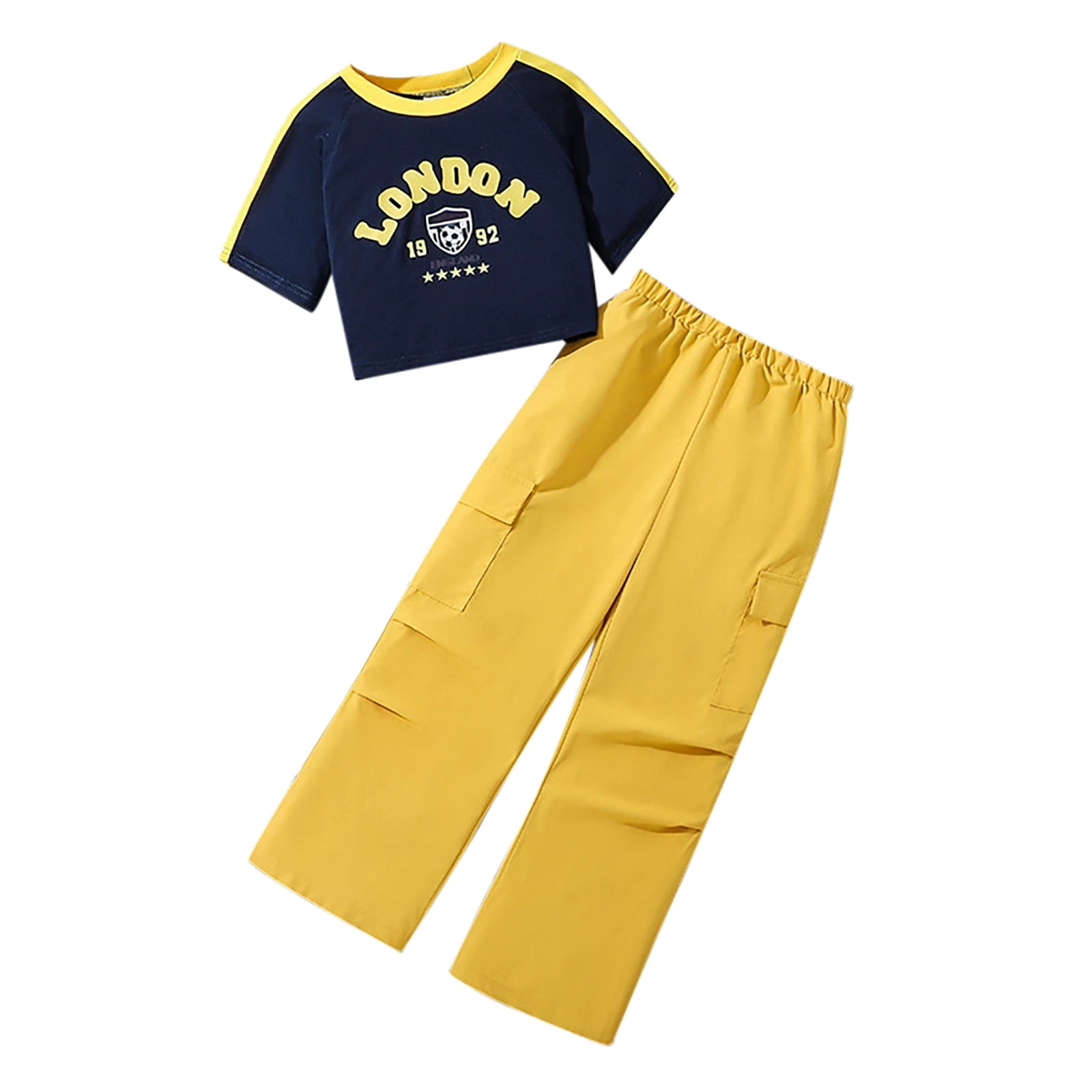 XDZJLR Ensemble 2 Pcs pour Fille, Sweat à Manches Courtes et Pantalon Cargo Jaune 11-12 Ans