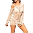 thumbnail image 1 of Plebaso Robe de Plage Mini pour Femmes au Crochet, en Maille Tricotée, à Manches Longues, à une Épaule, Ajourée, 1 of 7
