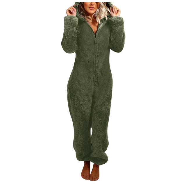 Penkiiy Combinaisons pour Femmes Femmes Combinaison à Capuche à Manches Longues Pyjama Décontracté d'Hiver Chaud Combinaison de Nuit Vert Armée TP Combinaisons