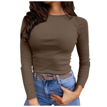 T-shirt Côtelé à Manches Longues Extensible à Col Ras du Cou pour Femmes Ajusté Décontracté Basique