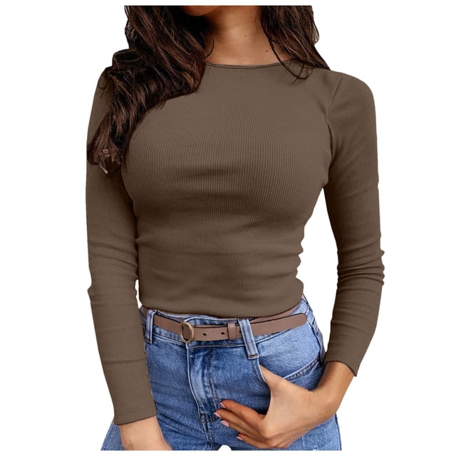 T-shirt Côtelé à Manches Longues Extensible à Col Ras du Cou pour Femmes Ajusté Décontracté Basique