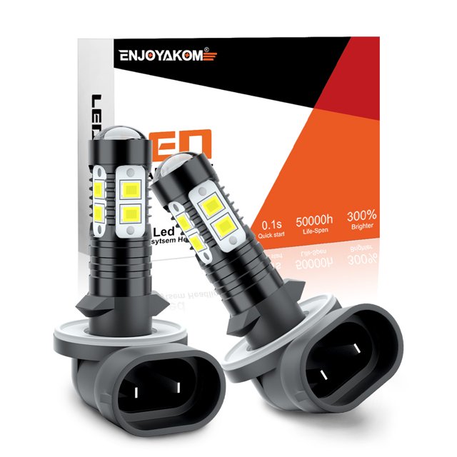 2pcs For HYUNDAI Elantra 2007-2013 881 LED Fog Light Bulbs 6000K Lamp Super Bright by ENJOYAKOM. The image displays two black 881 LED fog light bulbs with a plug-and-play installation, emitting a 6000K bright white light. Each bulb delivers 30W power and 3000 lumens brightness, with a lifespan of 50,000 hours. Compatible with 881, 898, 889, and 894 sockets, these bulbs are designed for fog lights and daytime running lights. The packaging in the background emphasizes features like quick start and long lifespan.