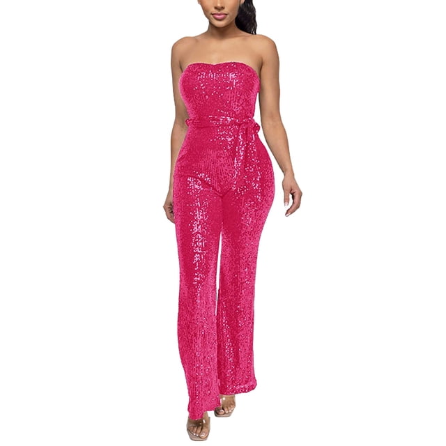 Wdgfv Robe à Paillettes pour Femme Sans Manches, Combinaison à Paillettes Sans Bretelles pour Soirée, Rose Vif, TG