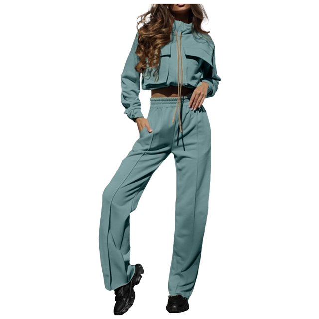 Fgnfyis Womens Tracksuits Set Womens Cargo Pant Two Piece Outfit Drawstring Full Zip Cropped Work Jacket and Drawstring Long Pant Sets Casual Pocket Solid Color Sweatsuit Trousers Sets Green L