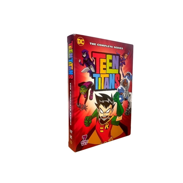Teen Titans : The Complete Series (DVD) Coffret avec Illustrations Dynamiques de Robin, Raven, Beast Boy, Cyborg et Starfire sur la Couverture. l'Emballage Met en Valeur l'Ensemble de 7 Disques et la Marque DC, avec un Fond Rouge Vif.