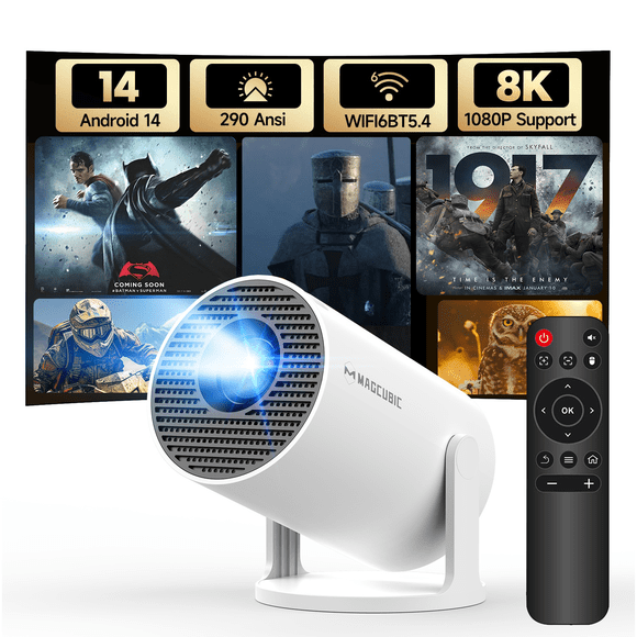 Magcubic Mini Projecteur 8K 1080P Compatible avec Wi‐Fi 6 et BT 5.4, Luminosité 290 ANSI, Touche Automatique, Rotation à 180 Degrés, Projecteur Portable pour Cinéma Maison et Films en Plein Air HY300Pro Blanc