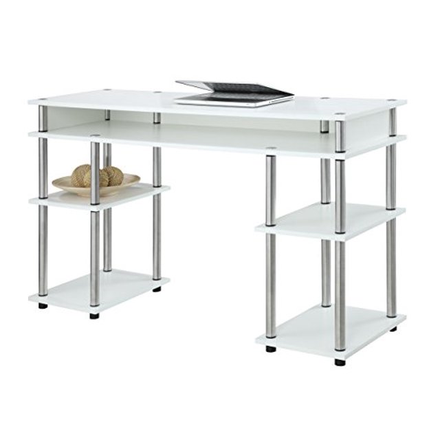 Convenience Concepts Designs2Go Bureau d'Étudiant, Mesurant 47,25 Pouces de Longueur, 15,75 Pouces de Largeur et 30 Pouces de Hauteur, en Fini Blanc. Ce Bureau d'Écriture Présente un design Moderne avec des Poteaux en Acier Inoxydable et de Multiples Étagères Ouvertes pour le Rangement. Idéal pour les Bureaux, les Résidences Étudiantes Ou les Espaces d'Étude, Il Offre un Assemblage Sans Outils pour une Installation Rapide.