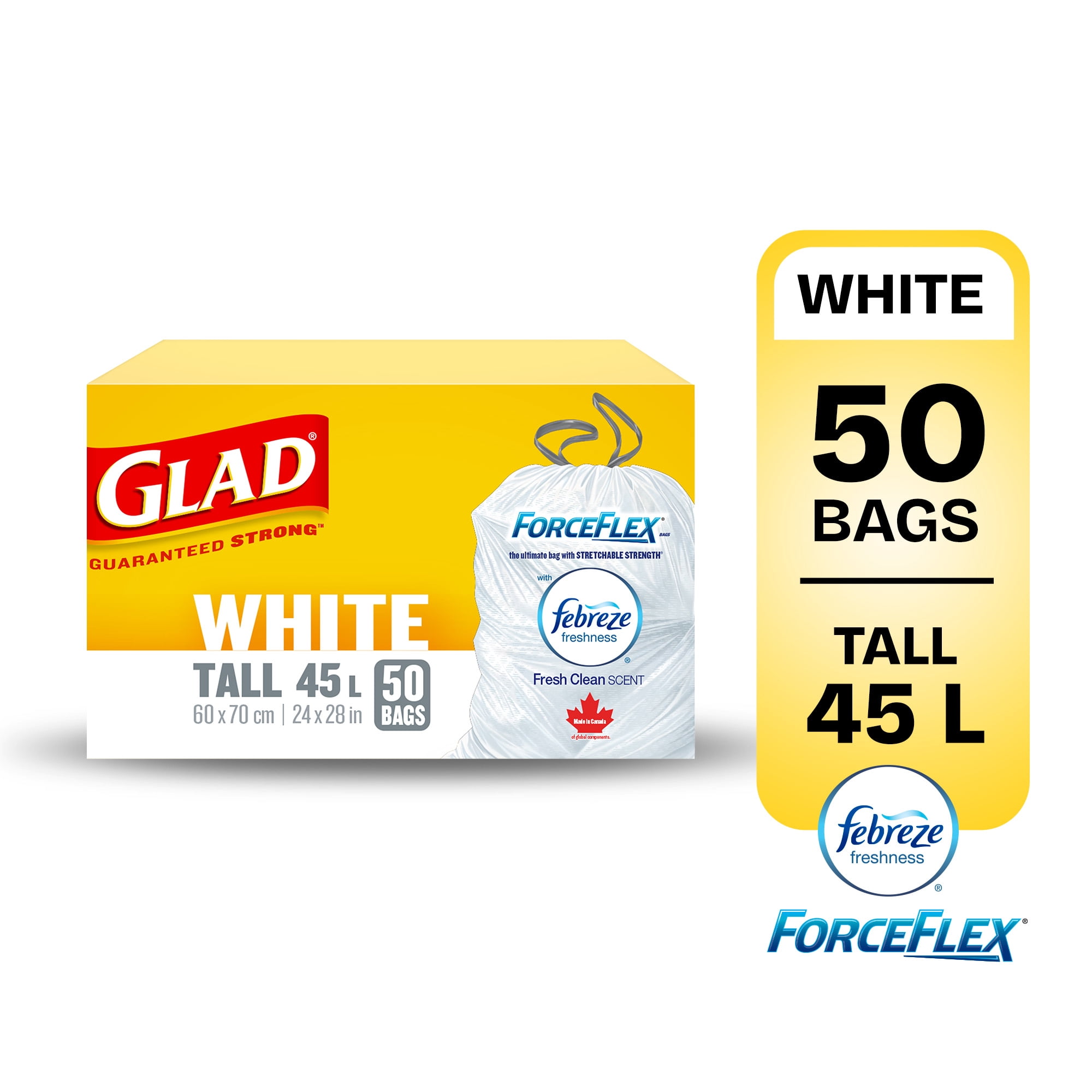 Glad White Garbage Bags - Tall 45 Litres - ForceFlex, Drawstring, with Febreze Fresh Clean Scent,
