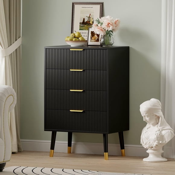 Ensemble de 2 Commodes Modernes à 4 Tiroirs – Rangement compact à Fentes – Poignées Dorées – pour l'Entrée, la Chambre Ou le Couloir – design Élégant – Noir