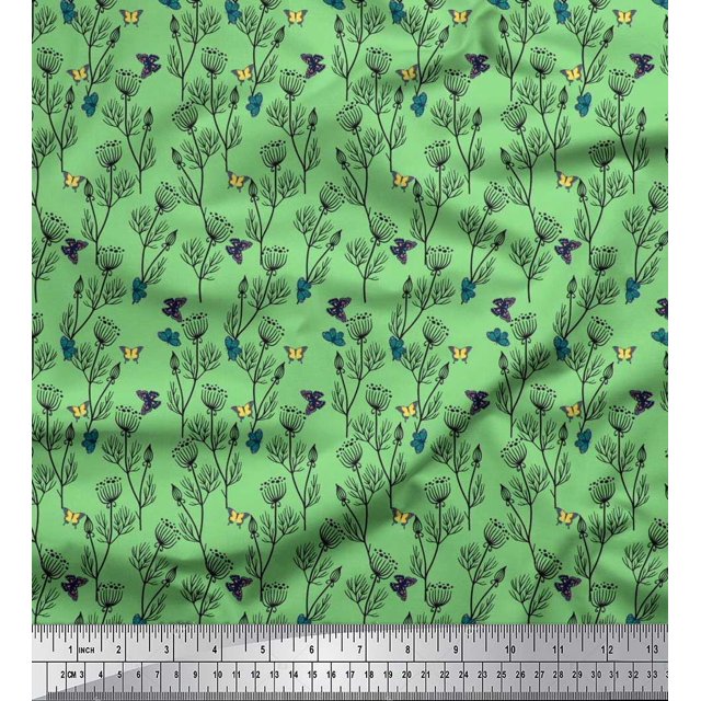 Soimoi Tissu en Poly Georgette Vert Imprimé Artistique Insecte & Floral au Mètre 52 Pouces de Large