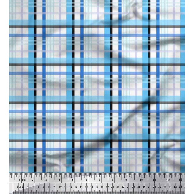 Soimoi Blue Poly Georgette Fabric Gingham Check Printed Fabric 1 Yard 42 Inch Wide