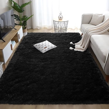 SUSUZI Tapis Shaggy 5 Pieds x 7 Pieds, Tapis Moelleux en Peluche de 2 Pouces d'Épaisseur avec Dos Antidérapant en PVC, Tapis de Sol en Polypropylène Doux pour Chambre, Salon, Chambre d'Enfant, Déco Maison, Noir