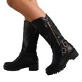 thumbnail image 1 of Platform Buckle Motorcycle Riding Boots for Women with Side Zipper Winter Fall Slouchy Leather Wide Mid Calf Tall Boots, 1 of 5