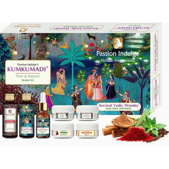 Passion Indulge Kumkumadi Pure and Natural 7 Star Facial Kit for Radiant Skin with Pure Saffron, Vetiver Oil, and 16 Herbs & Vitamin C | All Skin Types | 7 Step Skin Routine |Pack of 7