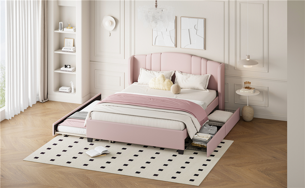 Lit plateforme capitonné Noble House avec tête de lit à oreilles, grand lit, rose