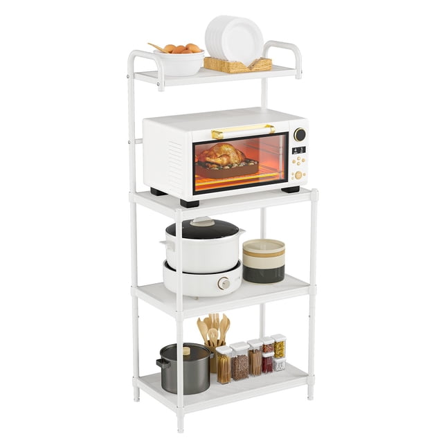 Giantex Bakers Rack for Kitchen, a 4-tier white microwave stand with mesh wire metal shelves. The top shelf holds plates and eggs, the second shelf features a microwave oven, the third shelf stores cookware, and the bottom shelf holds utensils and jars. Made of durable iron, it includes adjustable legs for stability and ergonomic handles for easy movement.