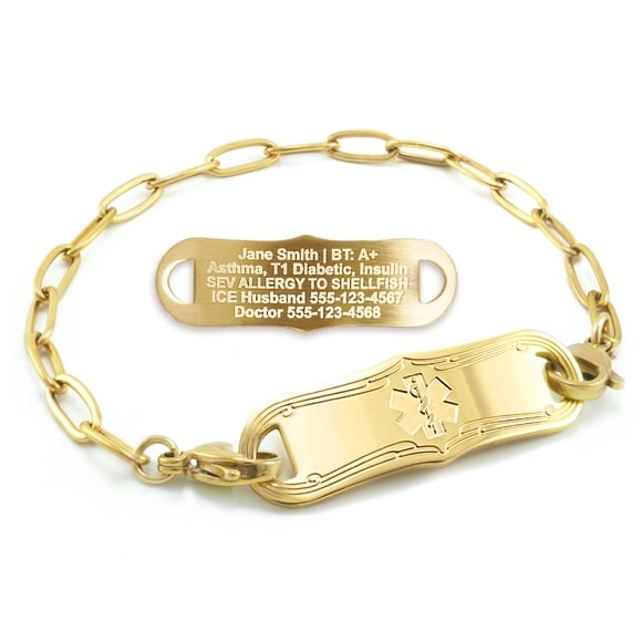 MedicEngraved Bracelet d'Alerte Médicale Personnalisé en Acier Inoxydable Or Jaune - Maillon Trombone 4 mm