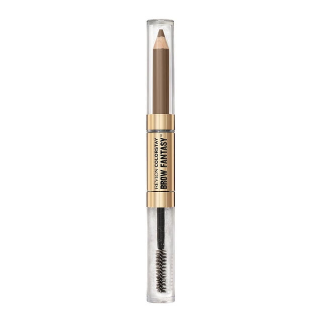 Revlon ColorStay Brow Fantasy™, all in one eyebrow powder pencil with shaping clear gel, shown upright with a brown powder pencil tip and clear gel spoolie brush, gold accents, designed for filling and shaping brows with 16-hour wear and nourishing Pro-Vitamin B5, also suitable for filling sparse hairline or beard areas.